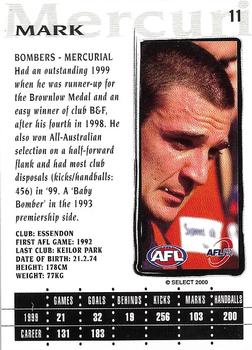 2000 Select AFL Millennium #11 Mark Mercuri Back